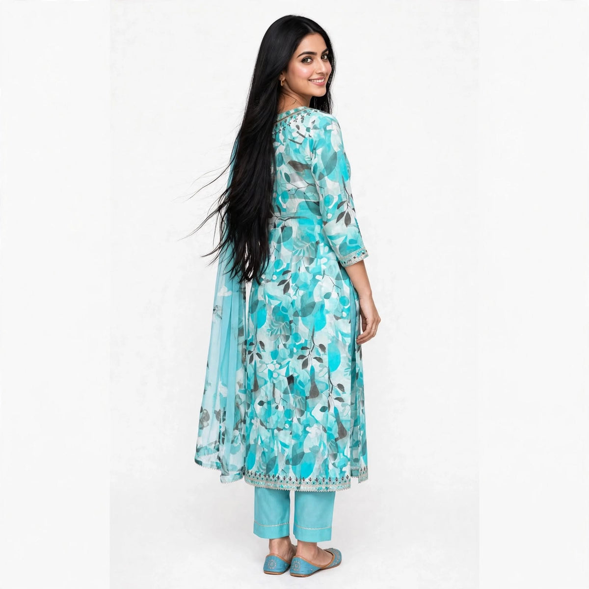 JSR Wo Rayon Floral Print Frock Pant Set with Embroidered Neck & Chiffon Dupatta For Women