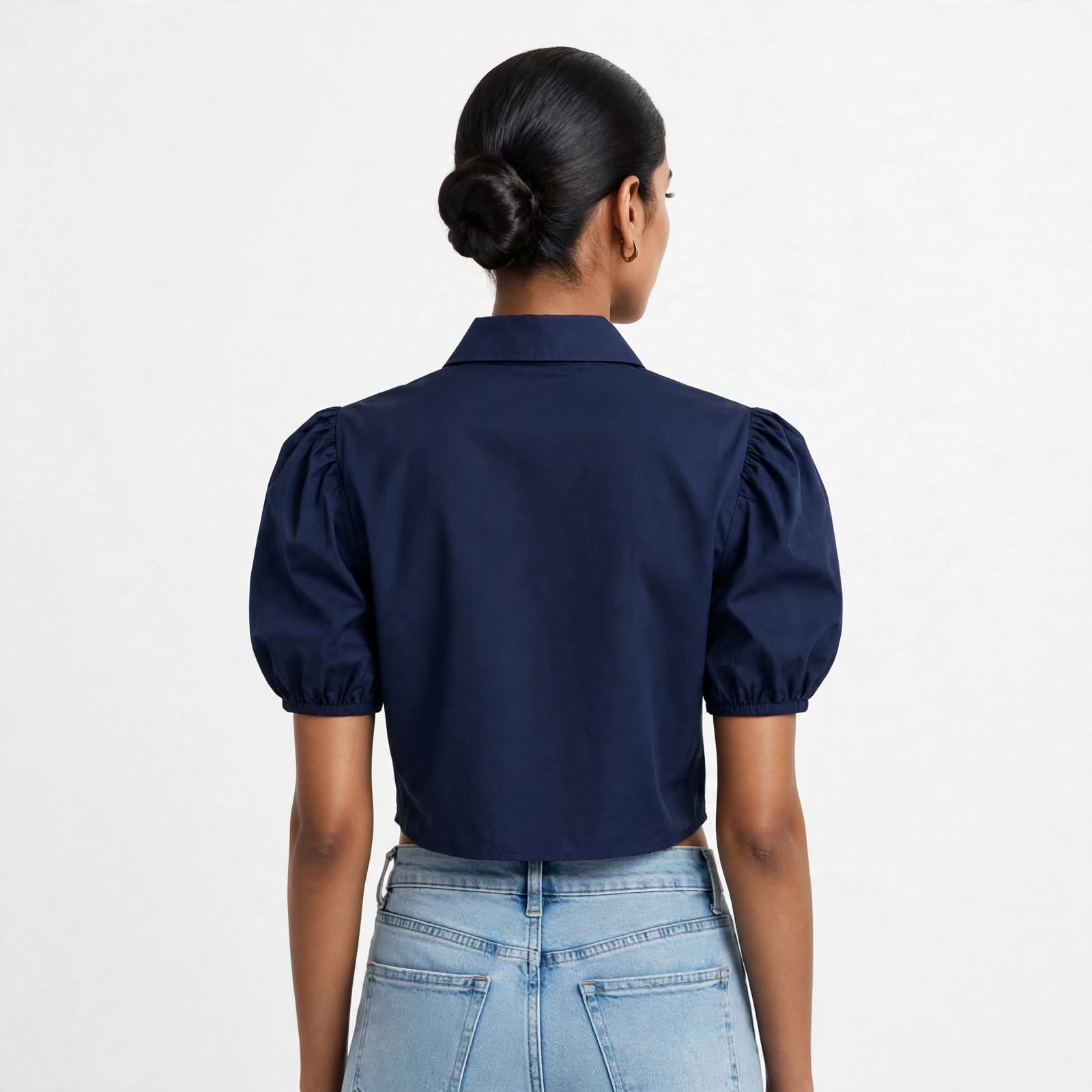 Wo Cotton Lycra Crop Top | Puff Sleeve Collar Neck Crop Shirt For Women