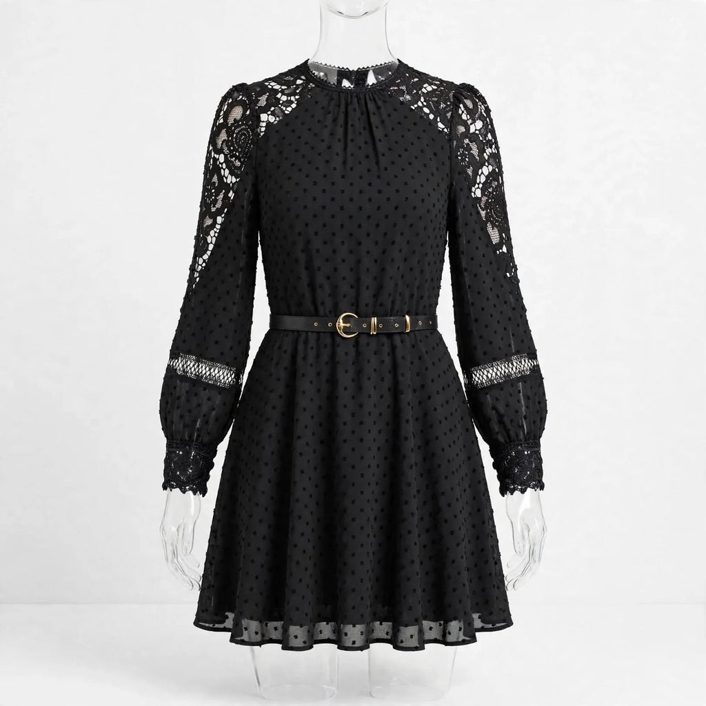 Wo Lace Mini Dress | Long Sleeve Polyester Dress For Women