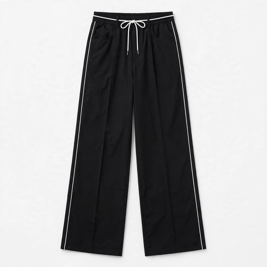 Black wide-leg cropped pants with white side piping and a white drawstring waist, shown flat on a light gray background.
