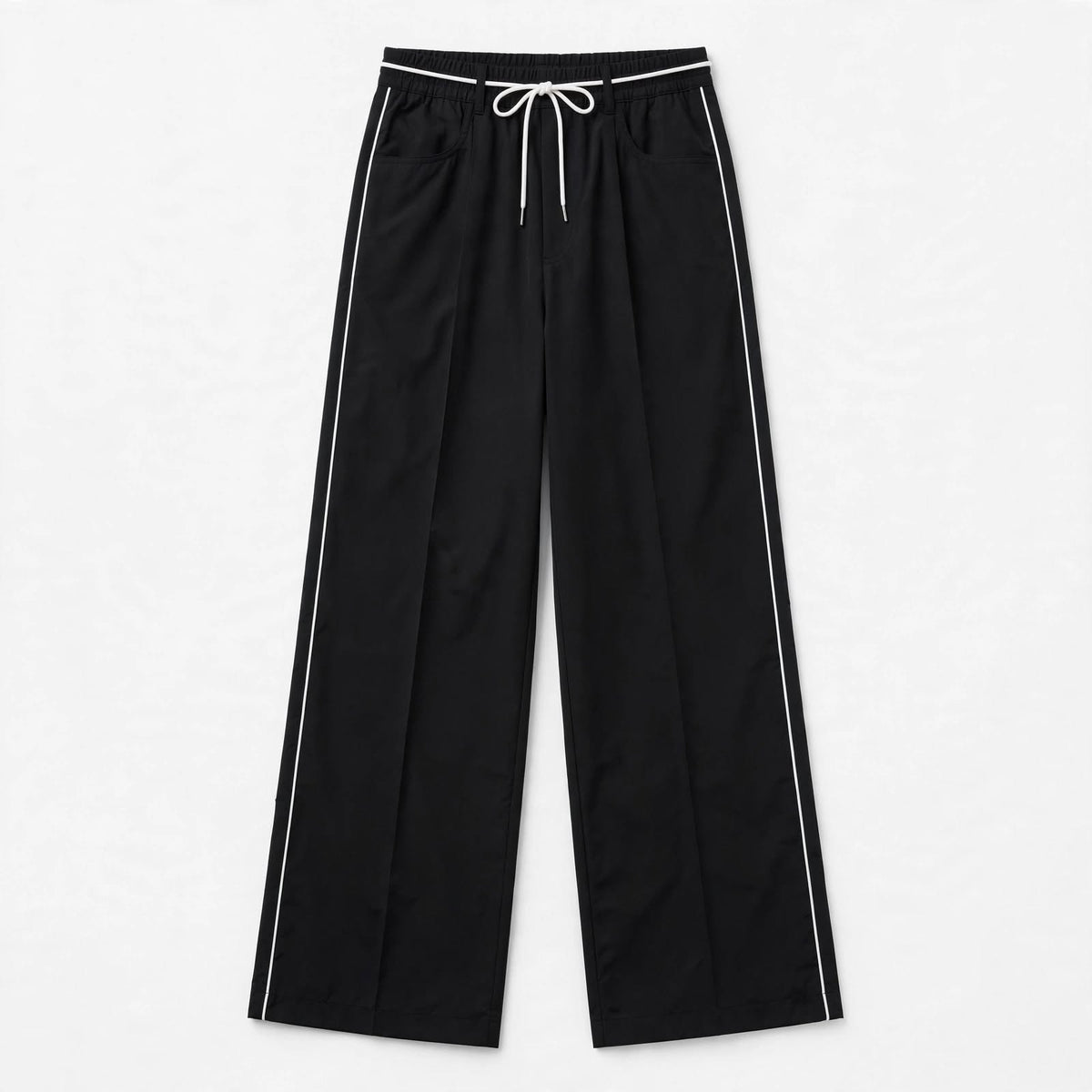 Black wide-leg cropped pants with white side piping and a white drawstring waist, shown flat on a light gray background.