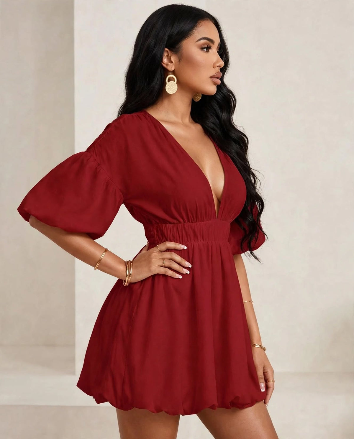Wo V Neck Dress | Short Sleeve Polyester Dress For Women