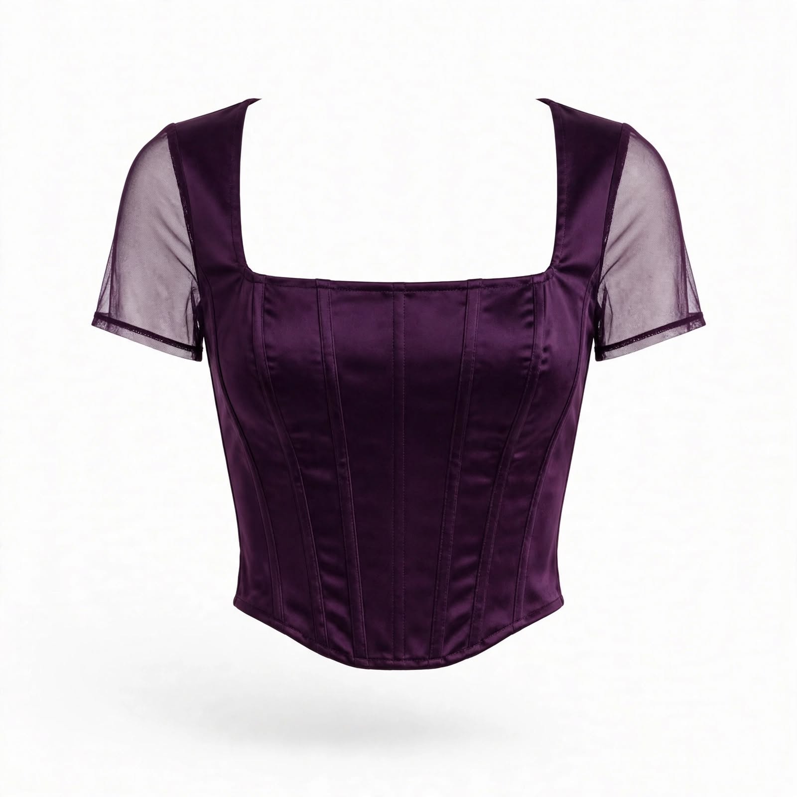 A dark purple satin corset-style top with sheer mesh short sleeves and a square neckline, shown against a plain white background.