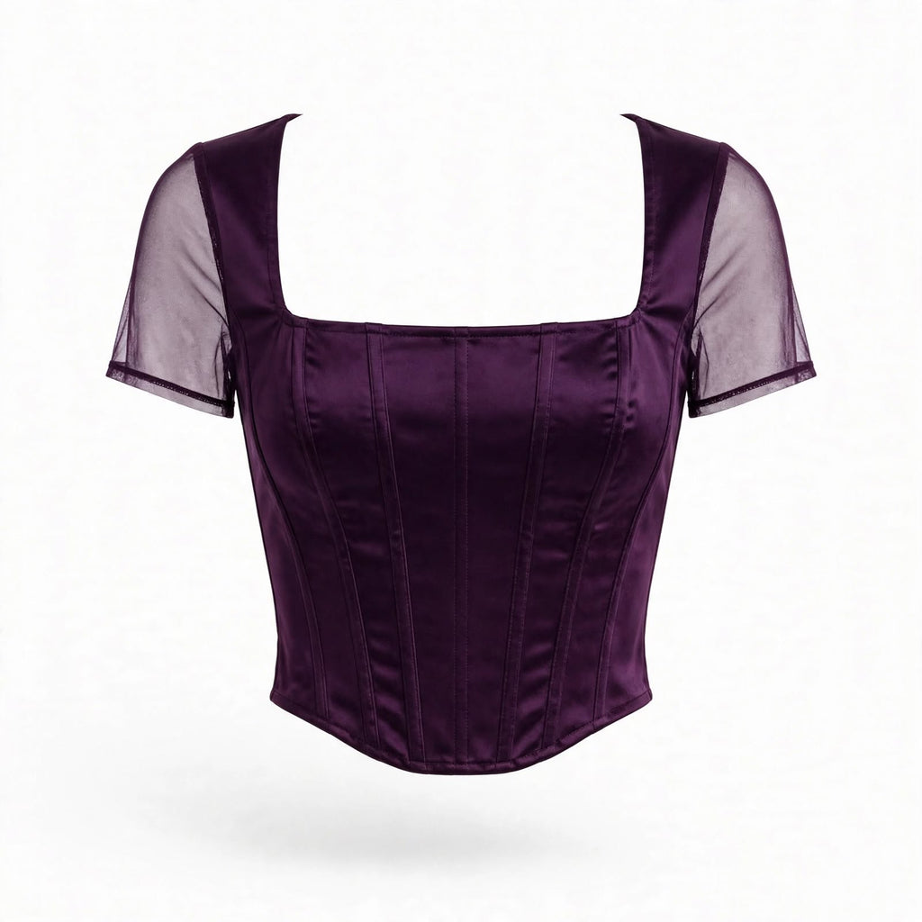 A dark purple satin corset-style top with sheer mesh short sleeves and a square neckline, shown against a plain white background.