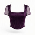 A dark purple satin corset-style top with sheer mesh short sleeves and a square neckline, shown against a plain white background.