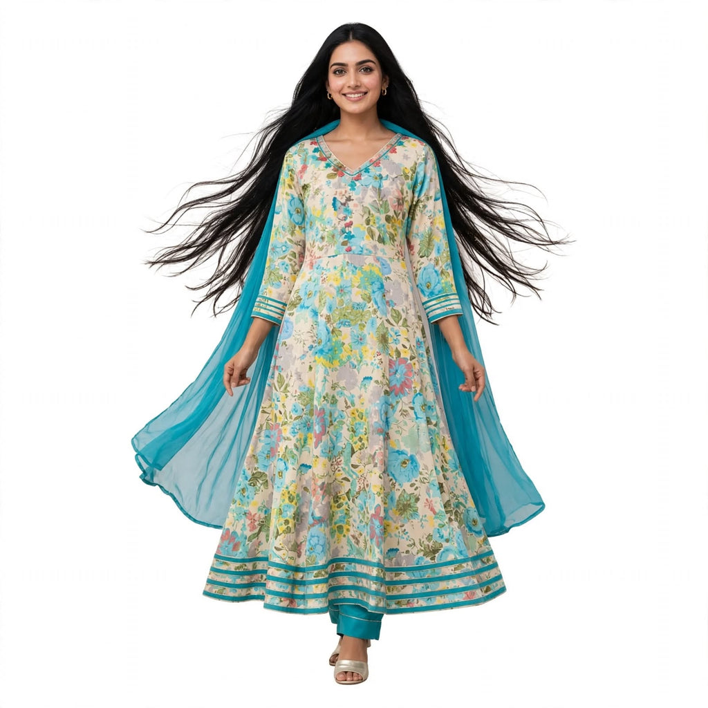 JSR Wo Rayon Angrakha Frock Pant Set with Dupatta & Hand Work For Women