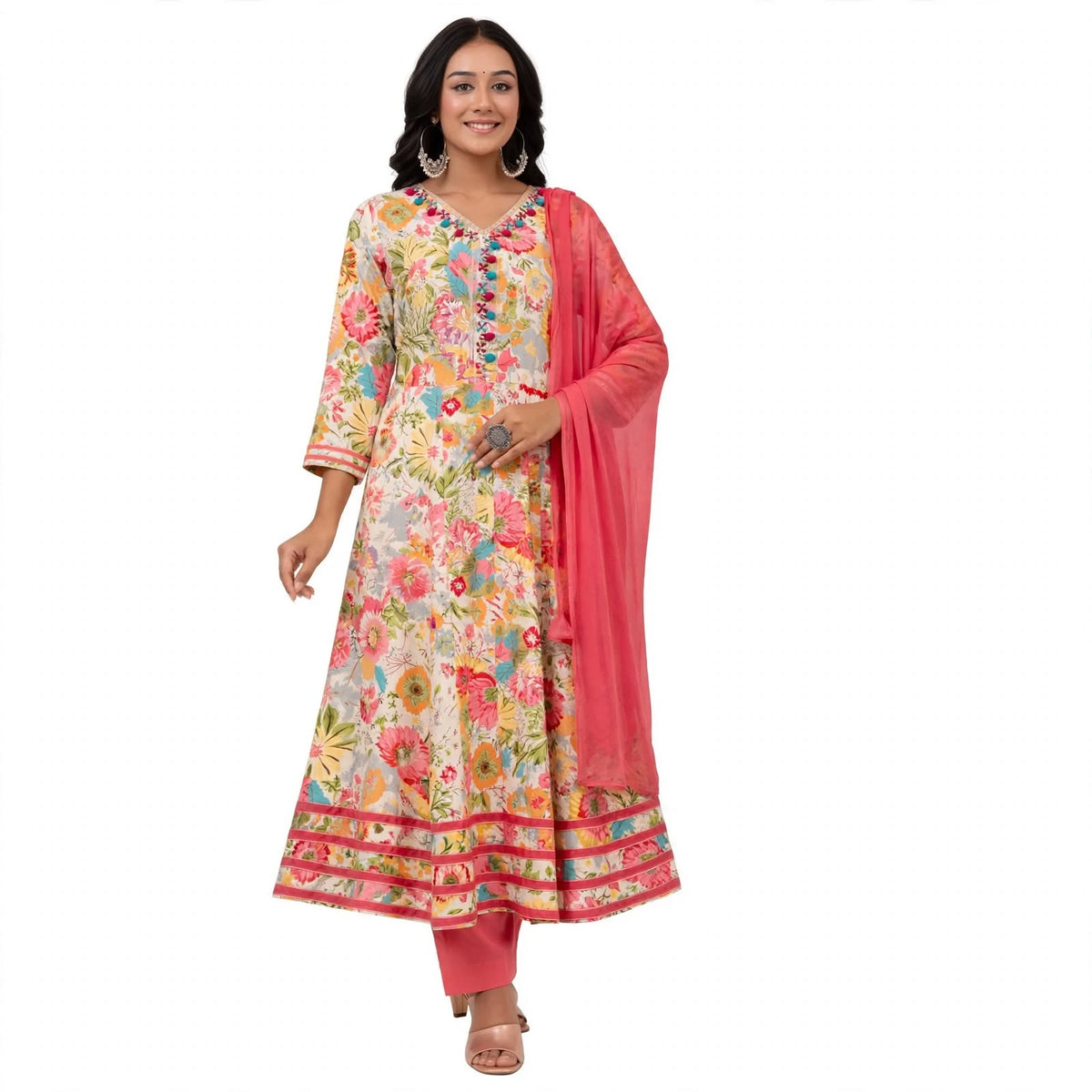 JSR Wo Rayon Angrakha Frock Pant Set with Dupatta & Hand Work For Women