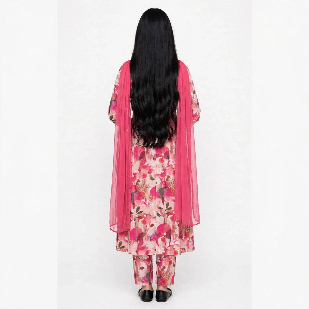 JSR Wo Rayon Floral Print Frock Pant Set with Embroidered Neck & Chiffon Dupatta For Women