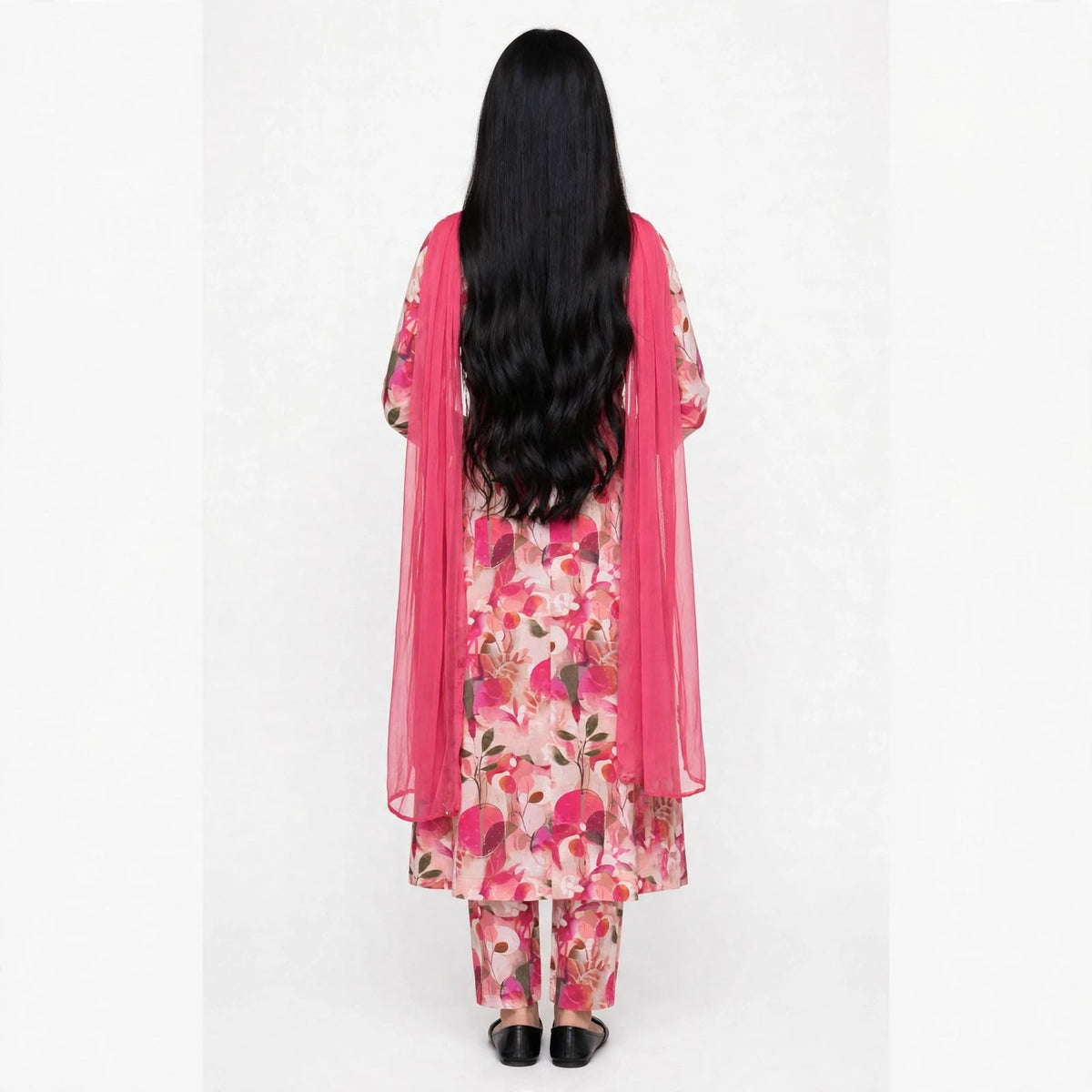 JSR Wo Rayon Floral Print Frock Pant Set with Embroidered Neck & Chiffon Dupatta For Women