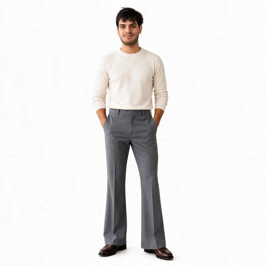 Flared Tailored Formal Trouser – Cotton Blend Regular Fit Mid Rise For Men