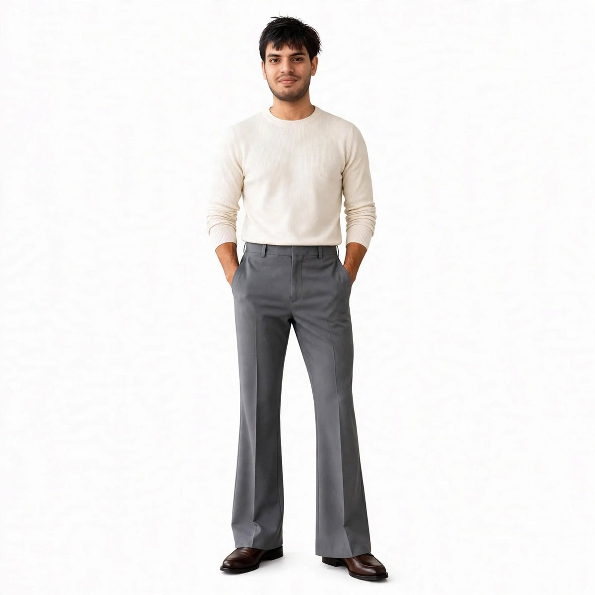 Flared Tailored Formal Trouser – Cotton Blend Regular Fit Mid Rise For Men