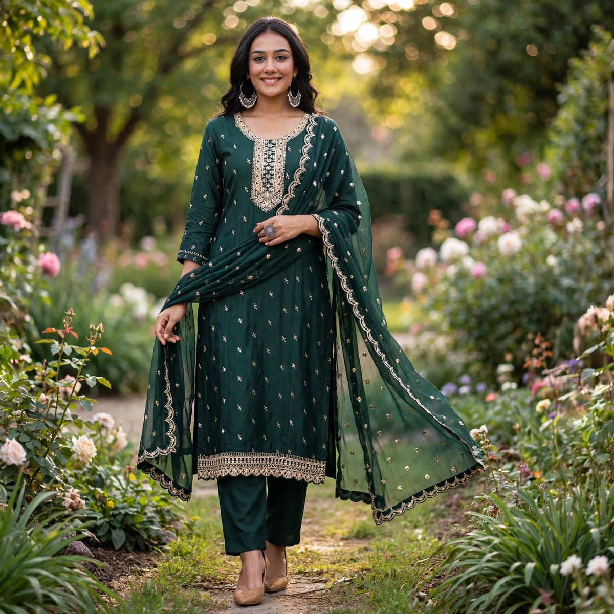 JSR Wo Vartican Frock Pant Set with Chinnon Dupatta & Zari Work For Women
