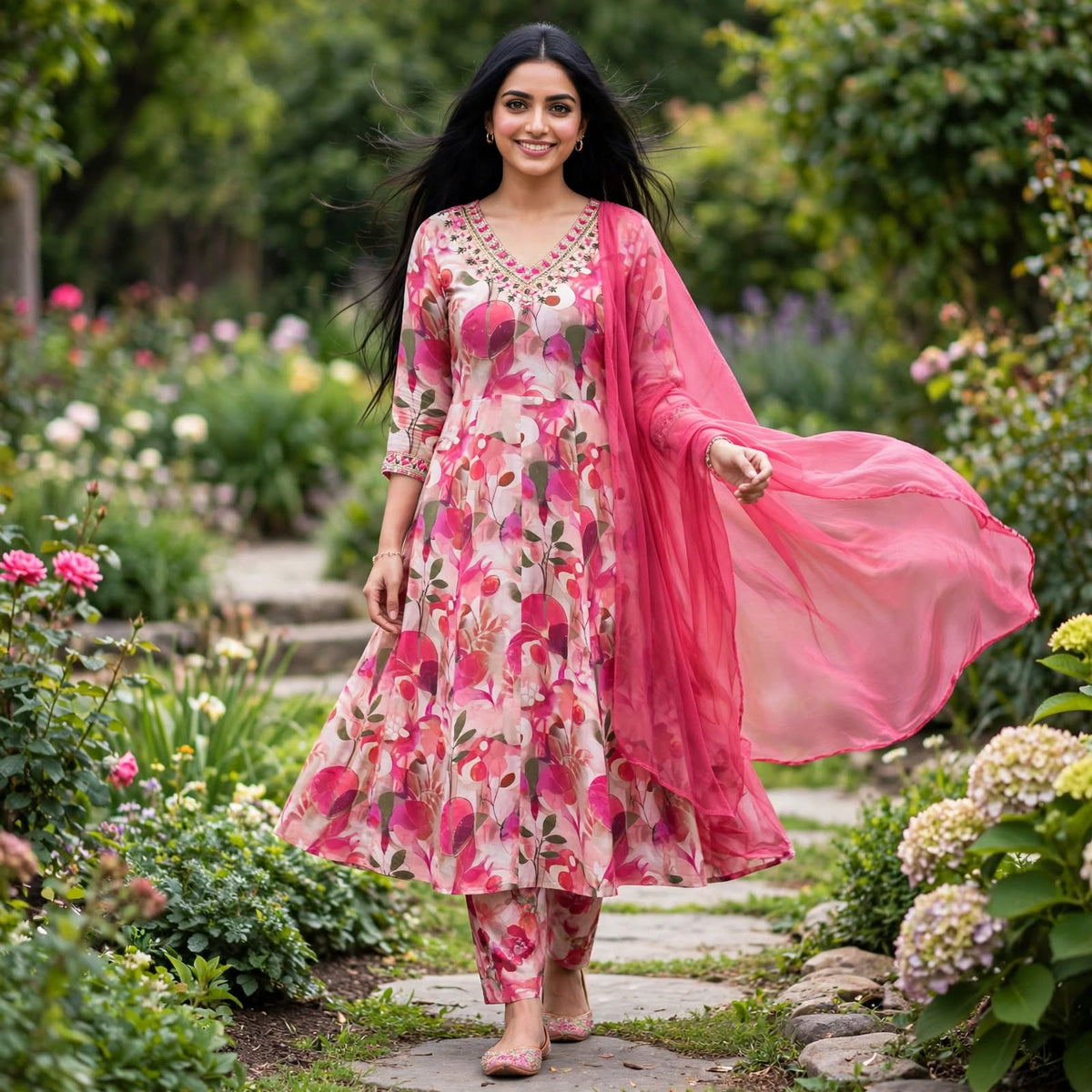JSR Wo Rayon Floral Print Frock Pant Set with Embroidered Neck & Chiffon Dupatta For Women