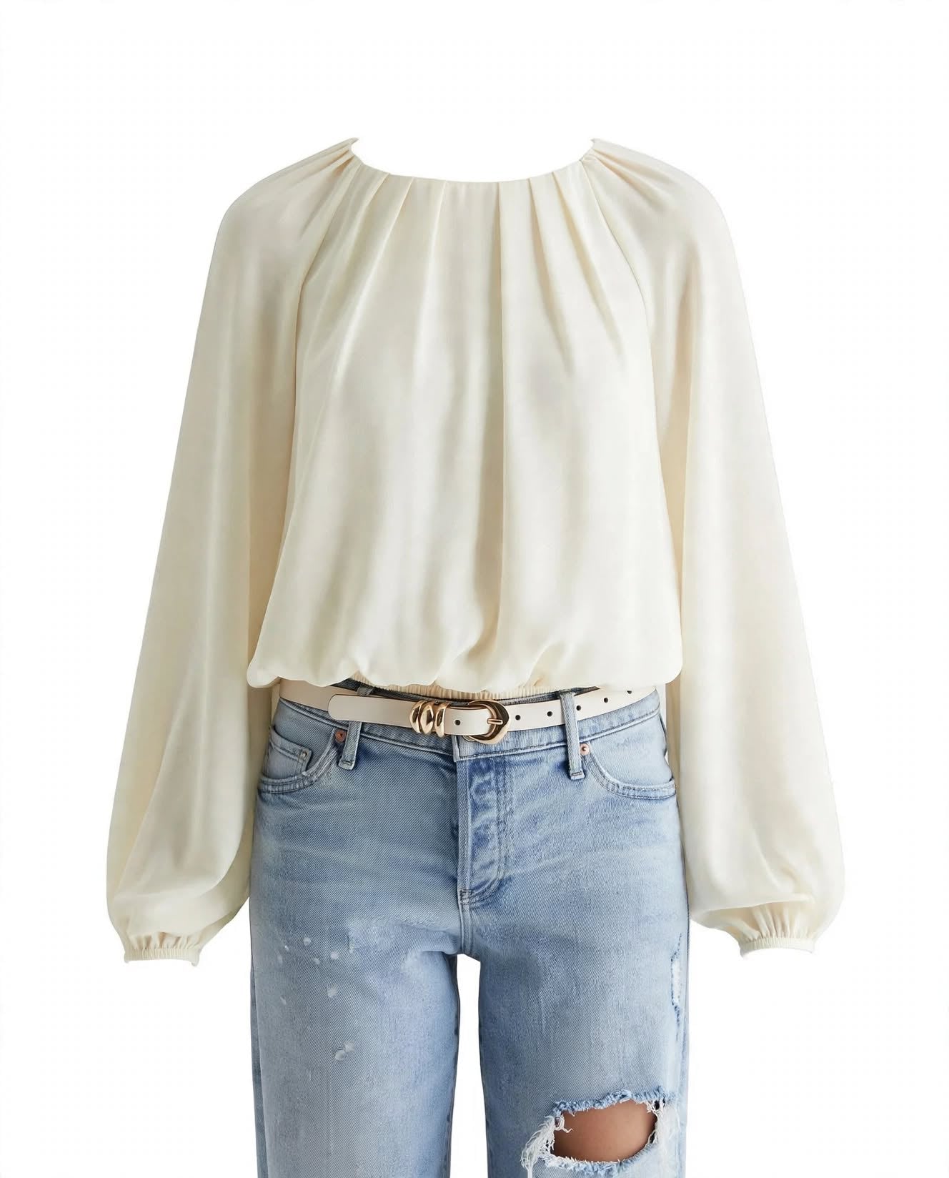 Wo Polyester Blouse | Gathered Neck Balloon Sleeve Top For Women