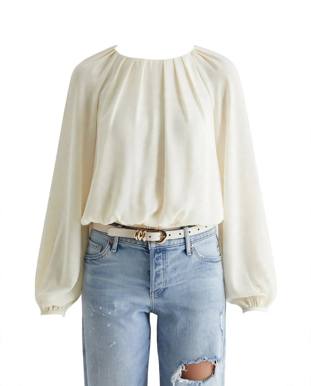 Wo Polyester Blouse | Gathered Neck Balloon Sleeve Top For Women
