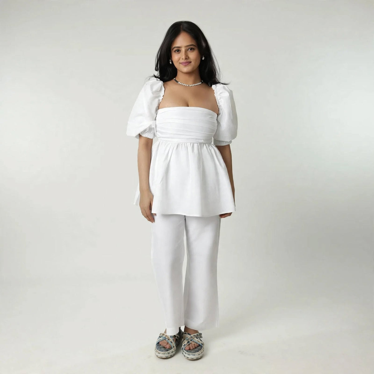 Wo Cotton A Line Dress | Square Neck 3/4 Sleeve Casual Dress For Women