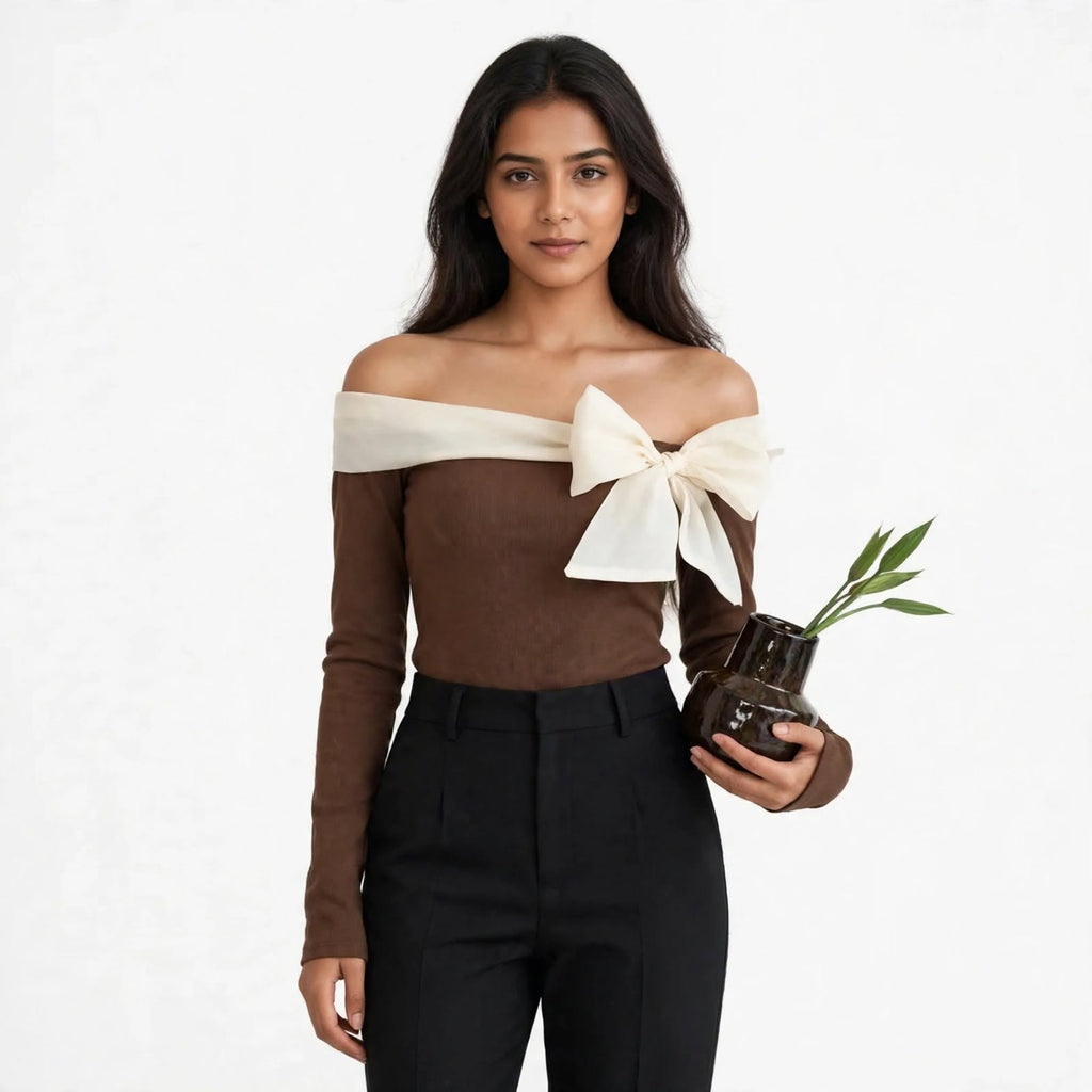 Wo Off Shoulder Chiffon Top | Lace Work Full Sleeve Bodycon Top For Women