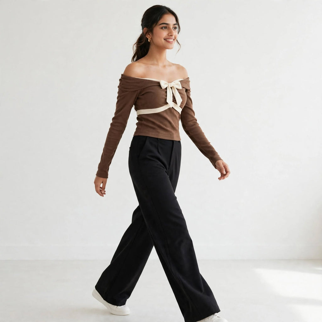 Wo Off Shoulder Chiffon Top | Lace Work Full Sleeve Bodycon Top For Women