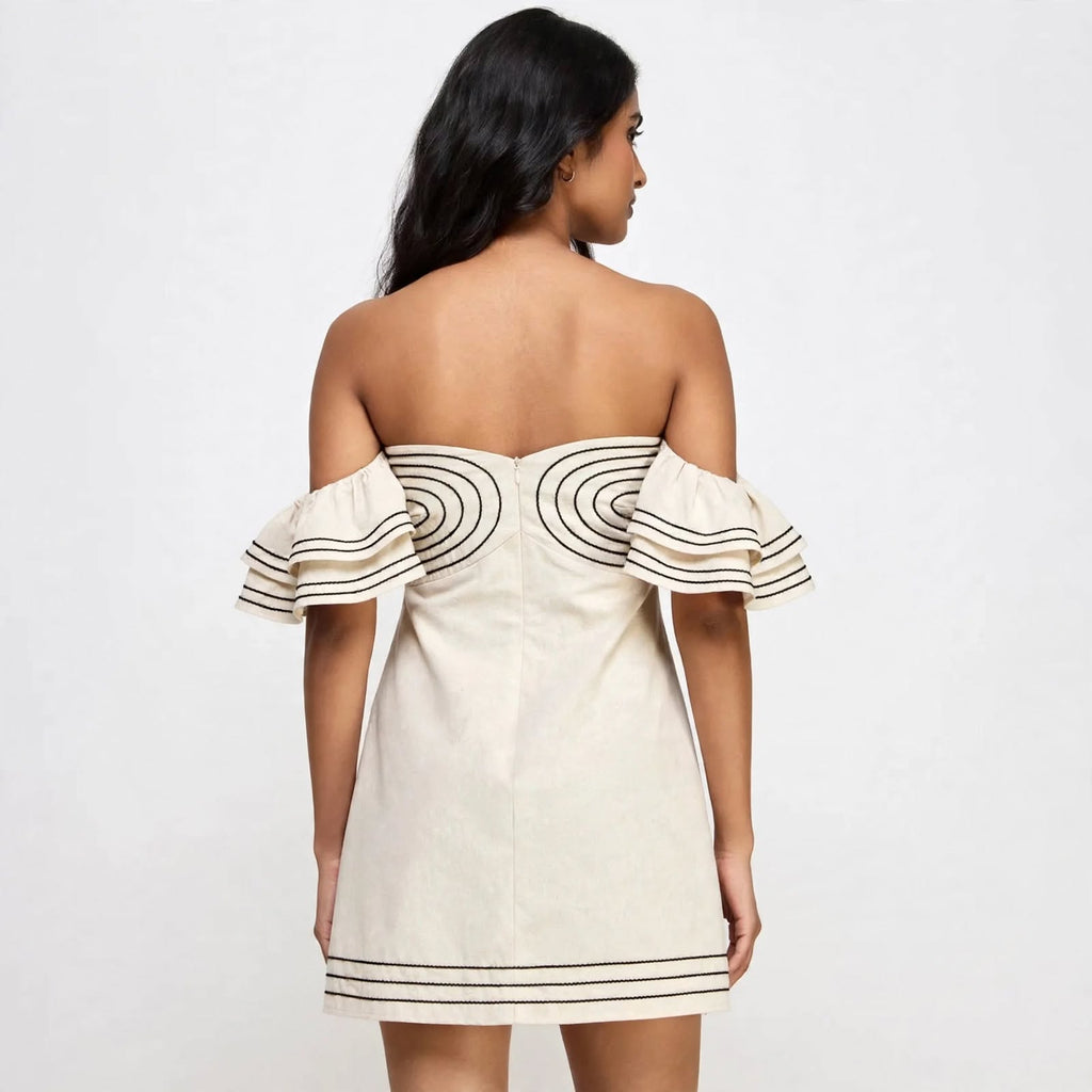 Wo Linen Mini Dress | Embroidered Off Shoulder Puff Sleeve Dress For Women