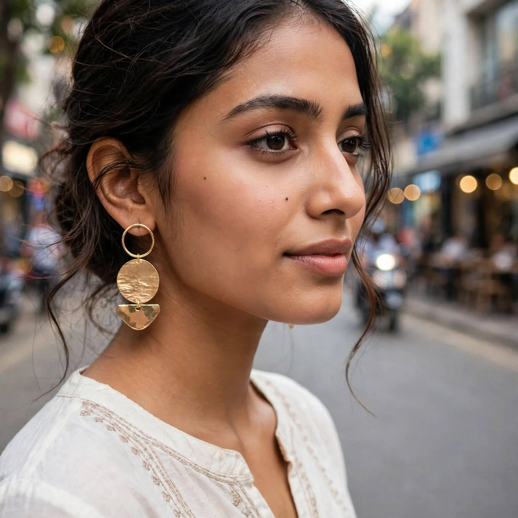 Plated Geometric Dangle Drop Earrings | Handmade Brass Party Wear Jewellery For Women