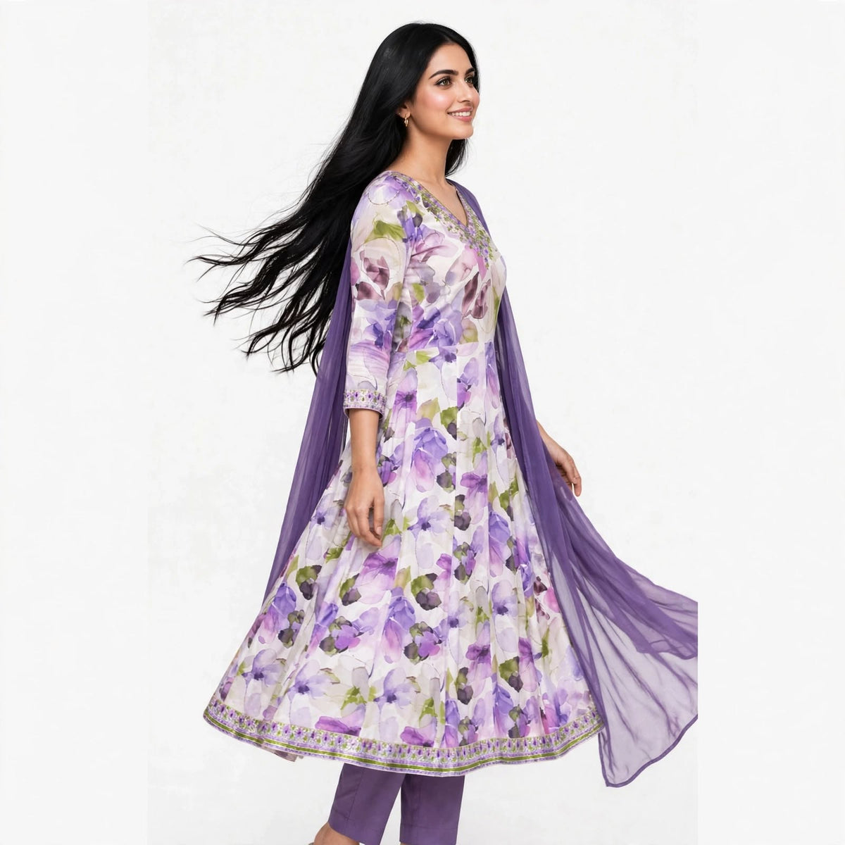 JSR Wo Rayon Floral Print Frock Pant Set with Embroidered Neck & Chiffon Dupatta For Women