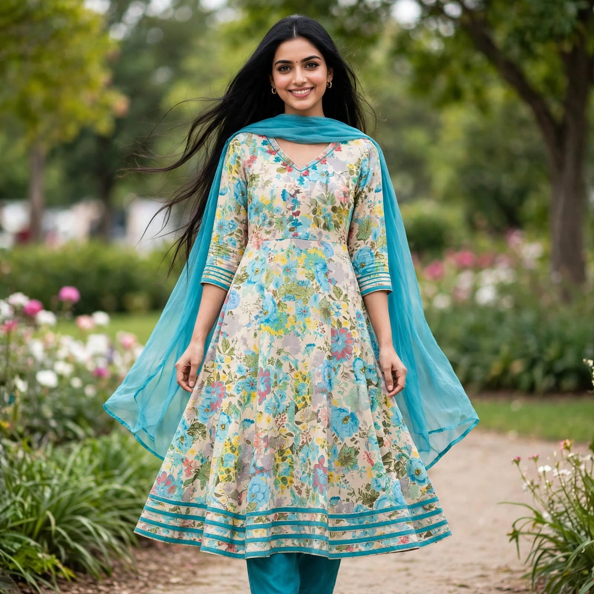 JSR Wo Rayon Angrakha Frock Pant Set with Dupatta & Hand Work For Women