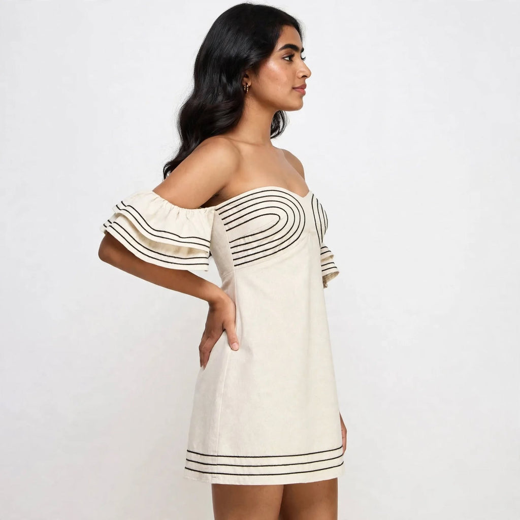 Wo Linen Mini Dress | Embroidered Off Shoulder Puff Sleeve Dress For Women