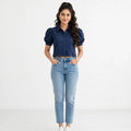 Wo Cotton Lycra Crop Top | Puff Sleeve Collar Neck Crop Shirt For Women
