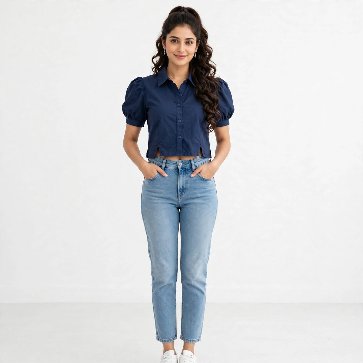 Wo Cotton Lycra Crop Top | Puff Sleeve Collar Neck Crop Shirt For Women