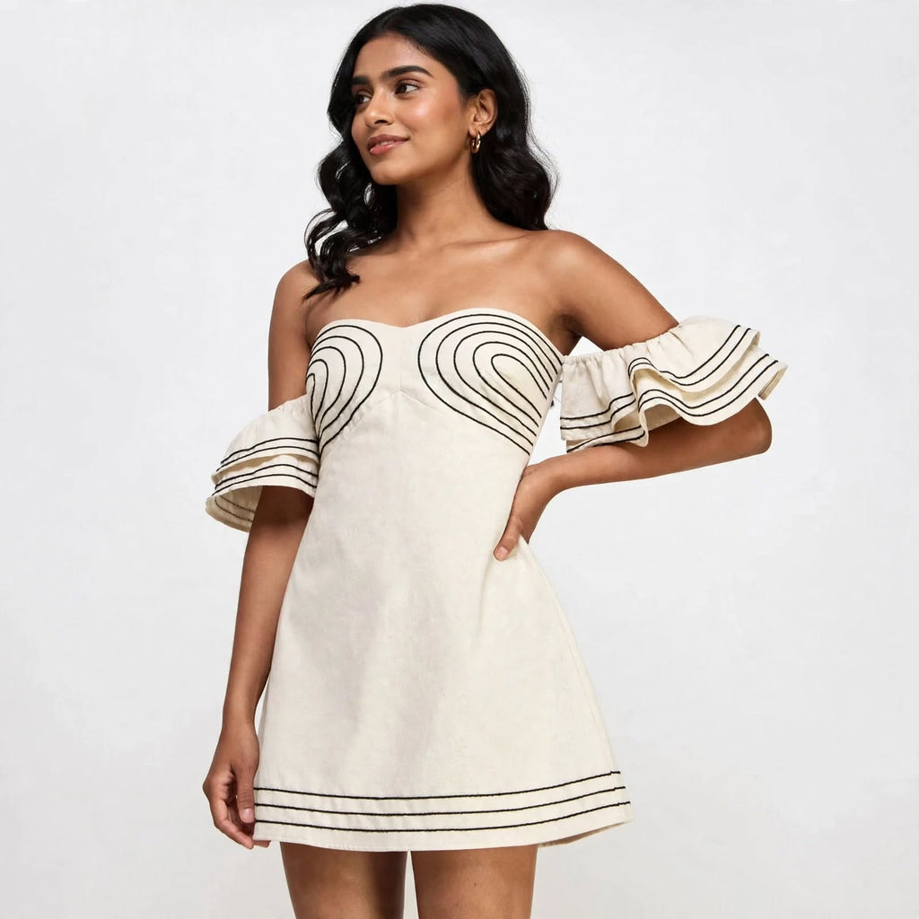 Wo Linen Mini Dress | Embroidered Off Shoulder Puff Sleeve Dress For Women