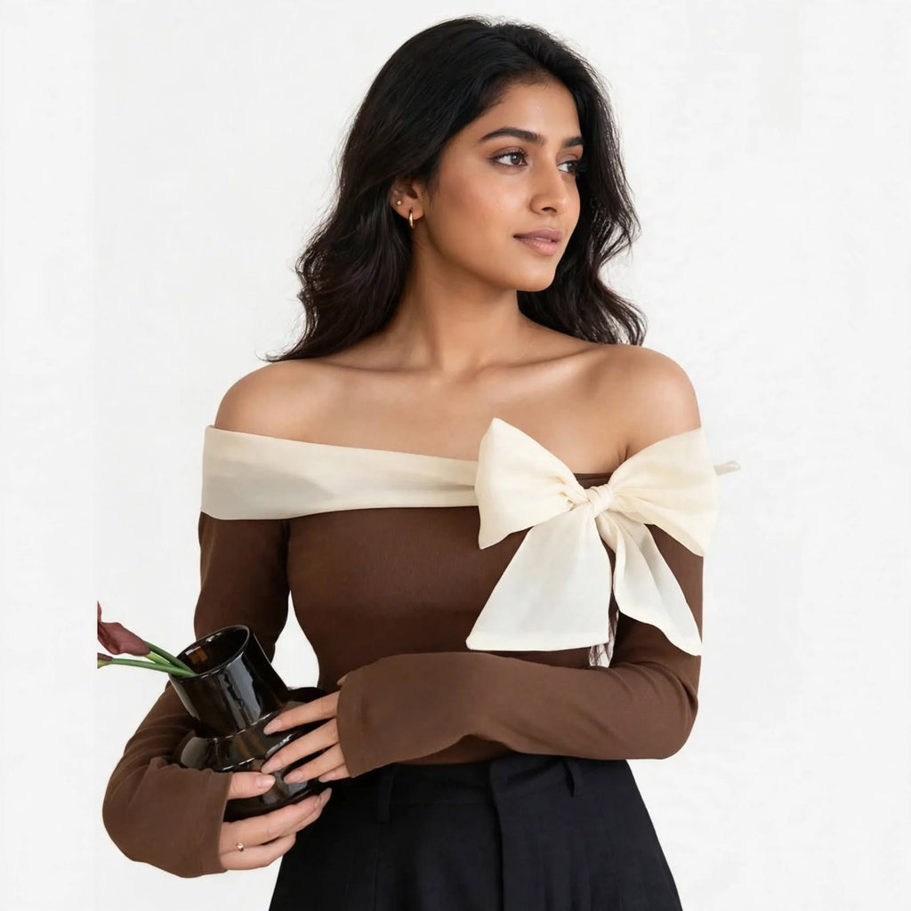 Wo Off Shoulder Chiffon Top | Lace Work Full Sleeve Bodycon Top For Women