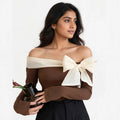 Wo Off Shoulder Chiffon Top | Lace Work Full Sleeve Bodycon Top For Women