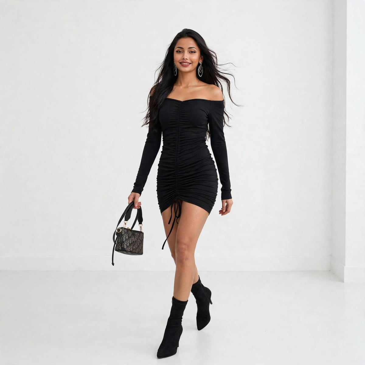 Wo Ribbed Midi Dress | Full Sleeve Indo Western Casual Dress For Women