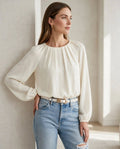 Wo Polyester Blouse | Gathered Neck Balloon Sleeve Top For Women