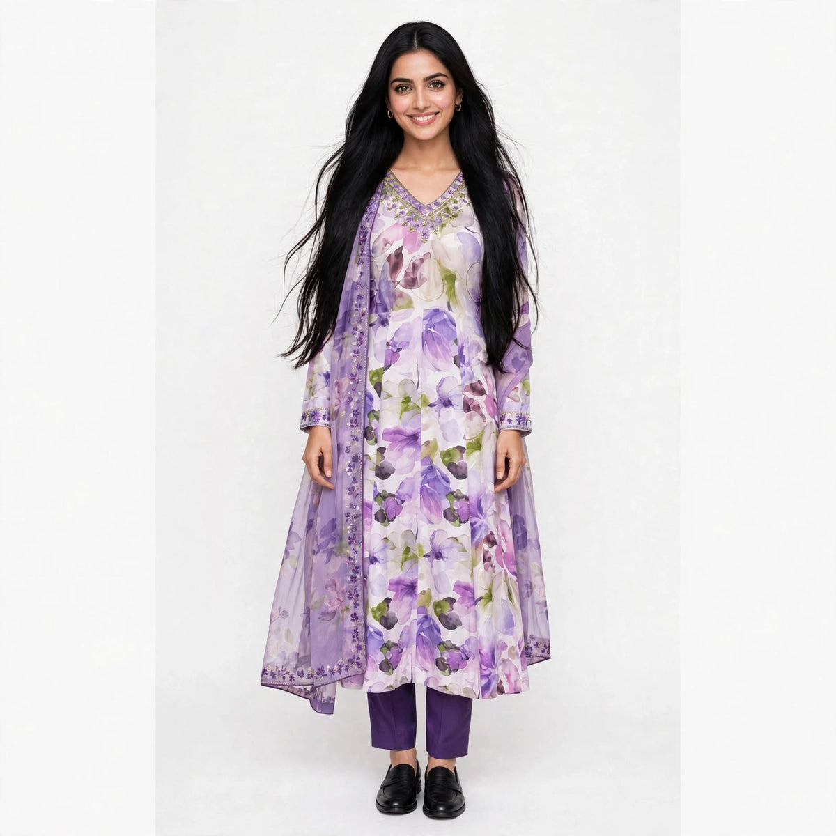 JSR Wo Rayon Floral Print Frock Pant Set with Embroidered Neck & Chiffon Dupatta For Women