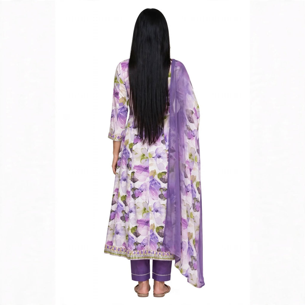 JSR Wo Rayon Floral Print Frock Pant Set with Embroidered Neck & Chiffon Dupatta For Women