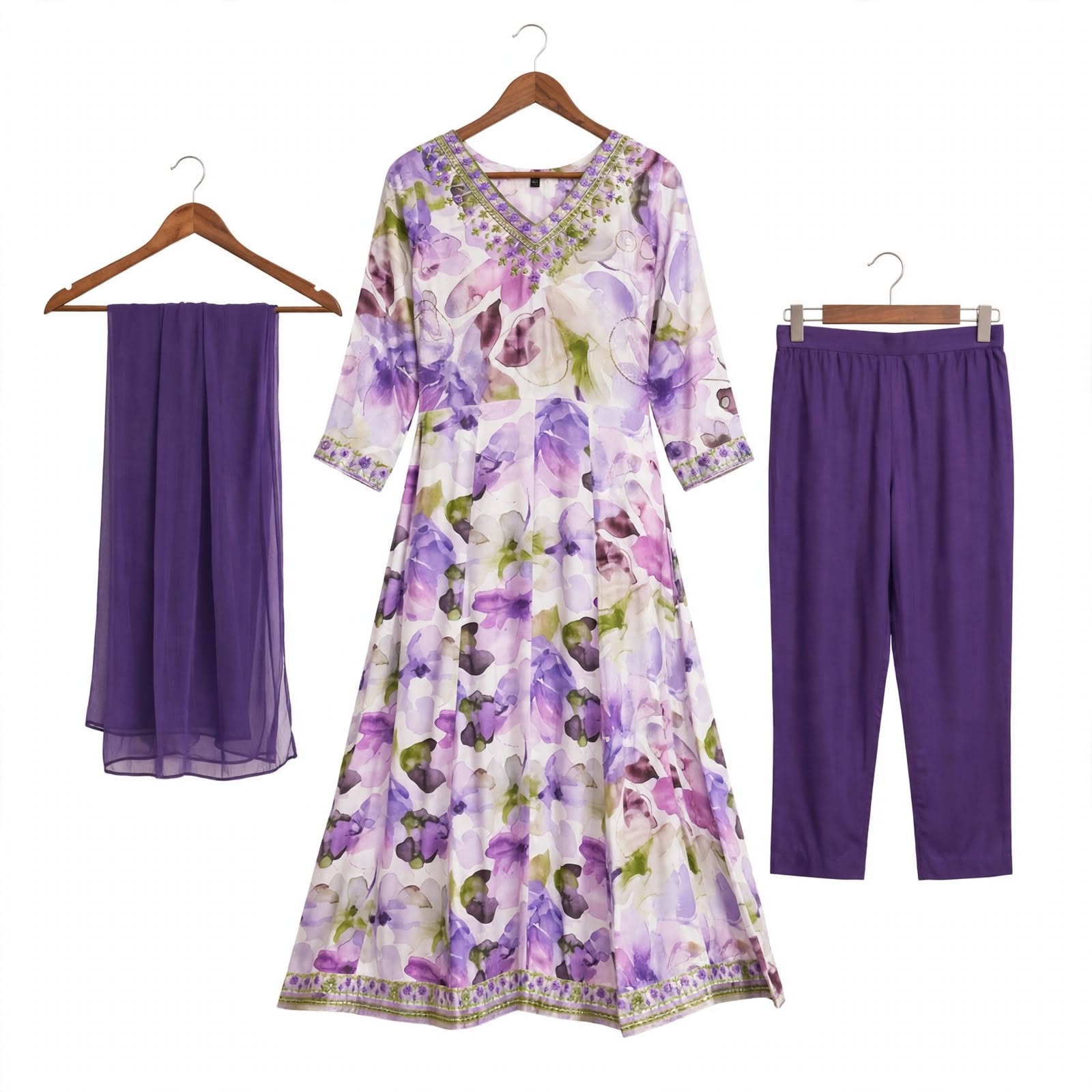 JSR Wo Rayon Floral Print Frock Pant Set with Embroidered Neck & Chiffon Dupatta For Women