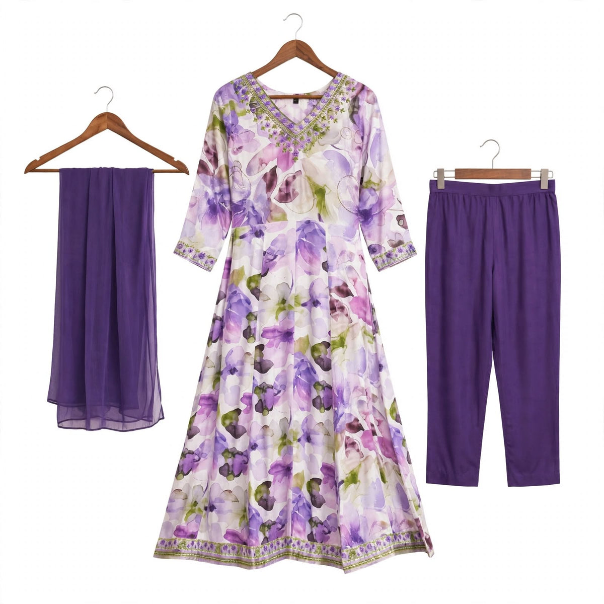 JSR Wo Rayon Floral Print Frock Pant Set with Embroidered Neck & Chiffon Dupatta For Women