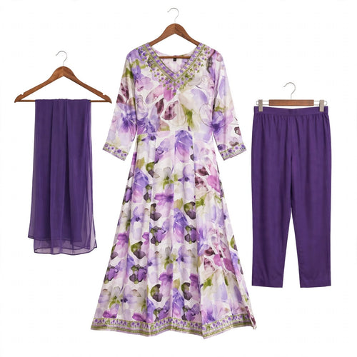 JSR Wo Rayon Floral Print Frock Pant Set with Embroidered Neck & Chiffon Dupatta For Women