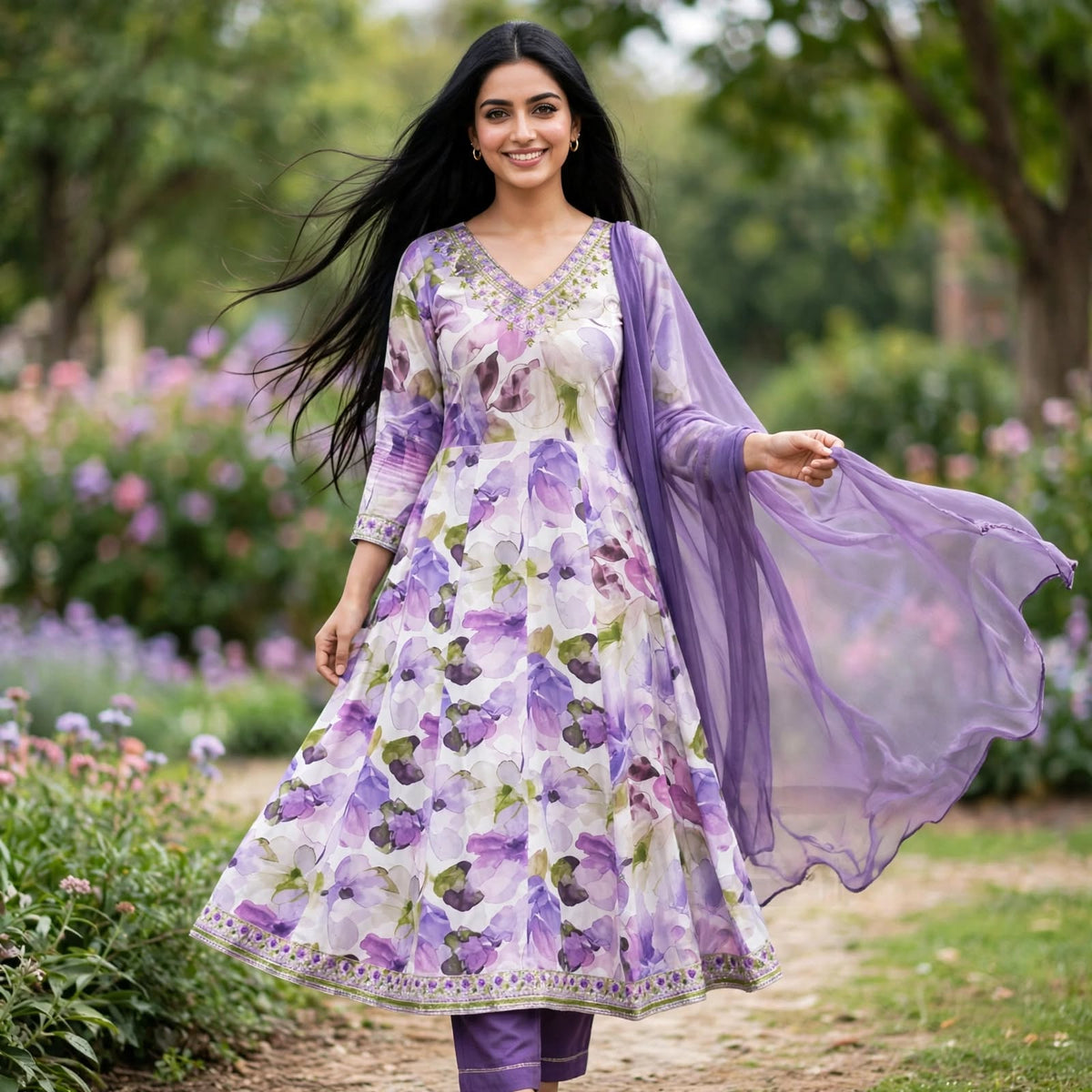 JSR Wo Rayon Floral Print Frock Pant Set with Embroidered Neck & Chiffon Dupatta For Women