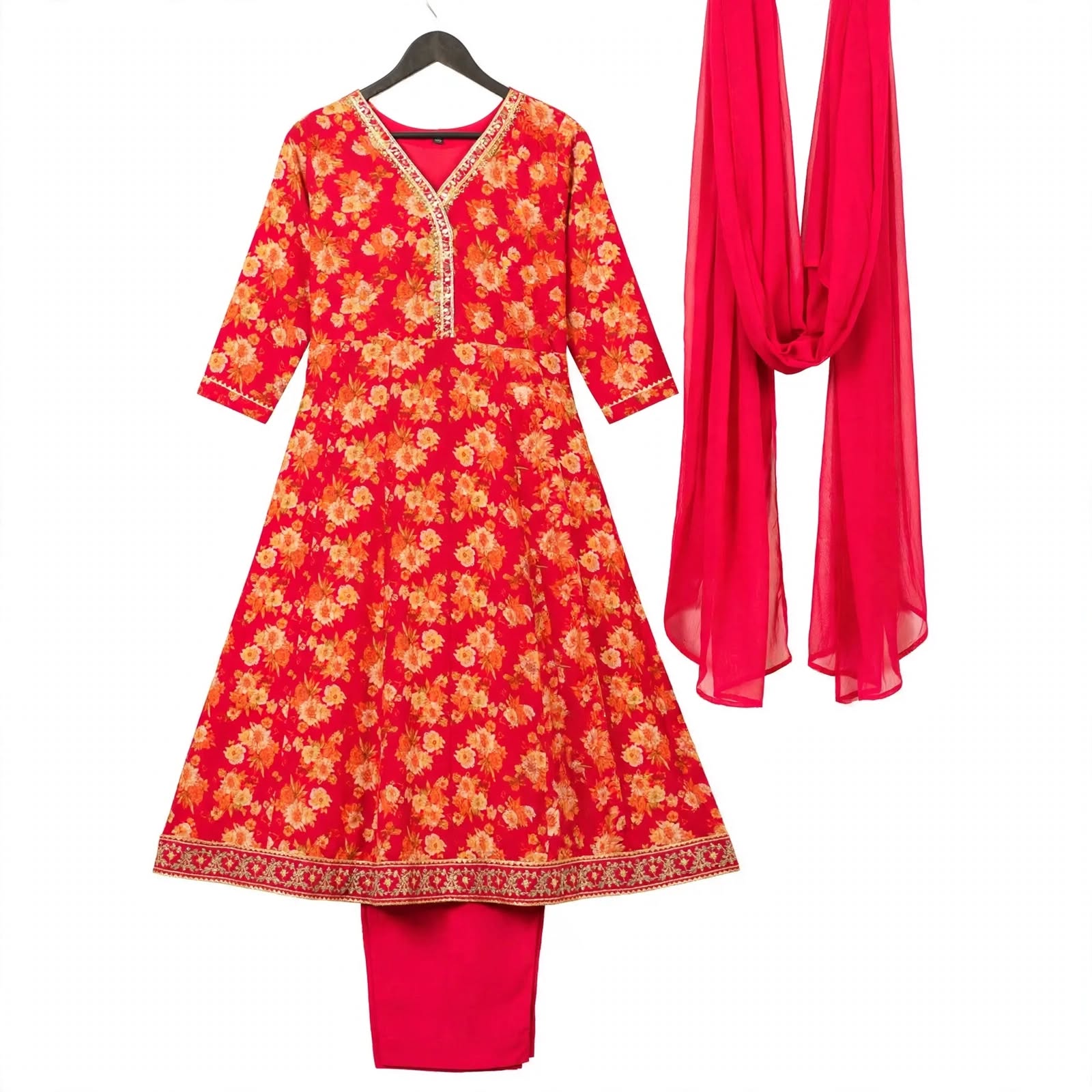 JSR Wo Milano Frock Pant Set with Chiffon Dupatta & Hand Work For Women