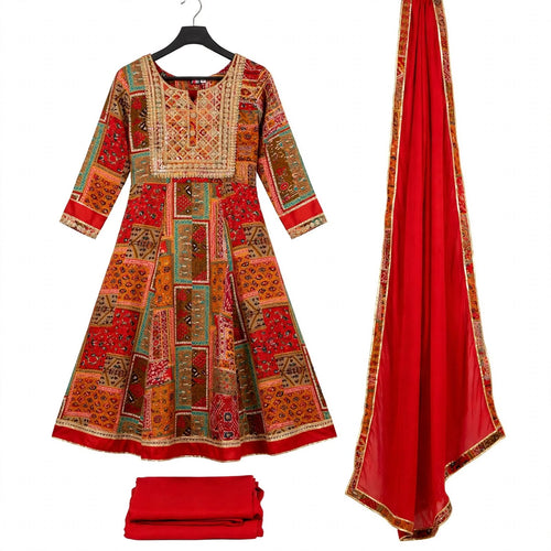 JSR Wo Rayon Frock Pant Dupatta Set with Mirror Work For Women