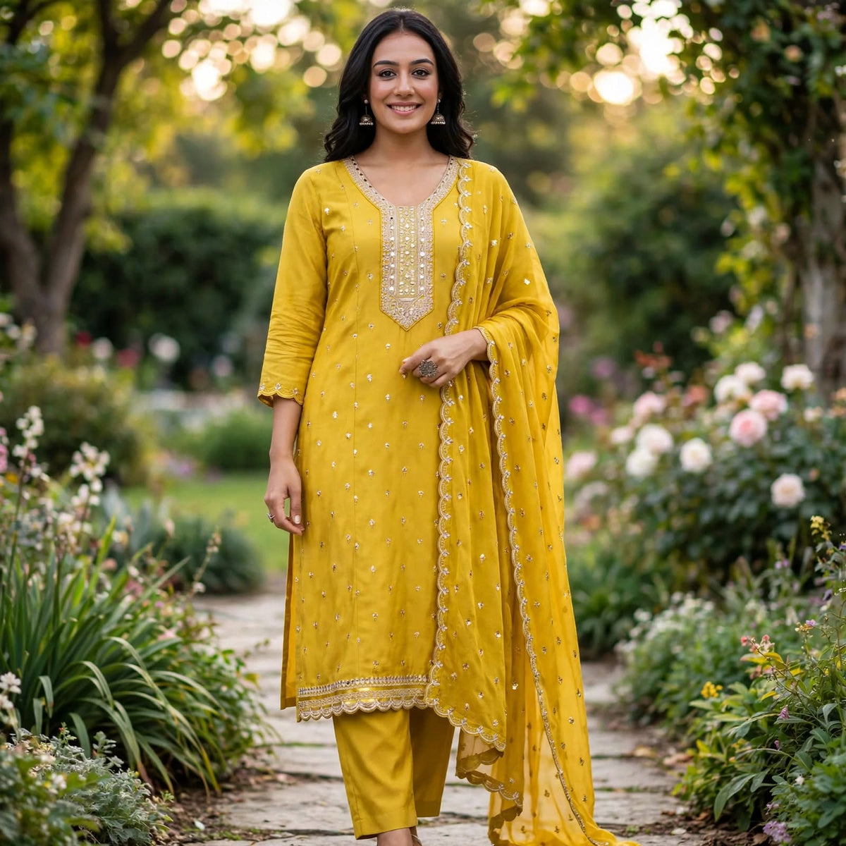 JSR Wo Vartican Frock Pant Set with Chinnon Dupatta & Zari Work For Women