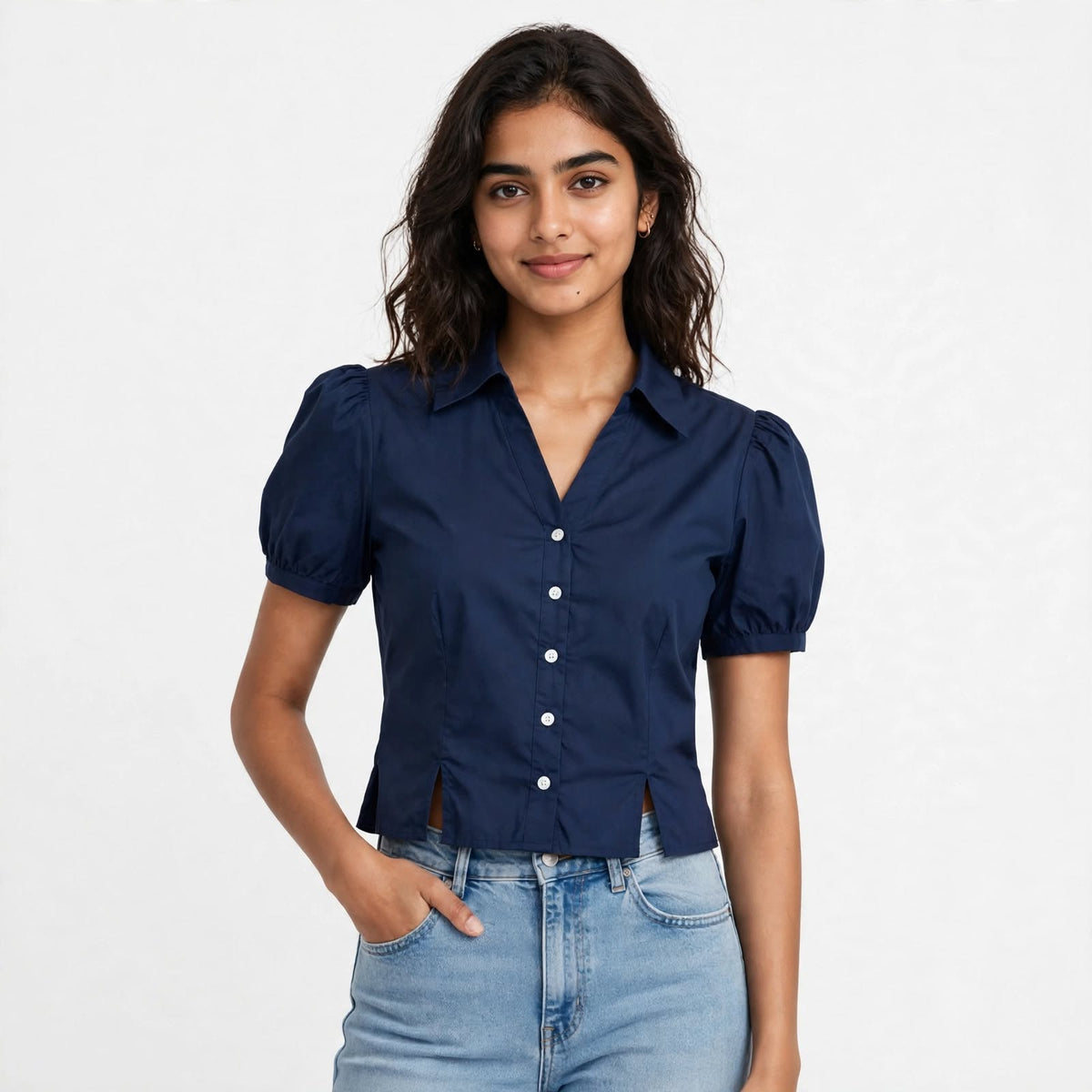 Wo Cotton Lycra Crop Top | Puff Sleeve Collar Neck Crop Shirt For Women