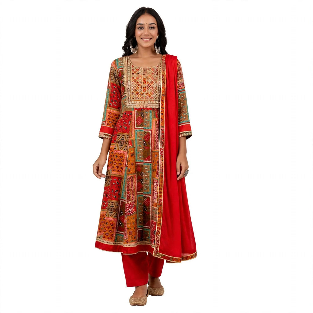 JSR Wo Rayon Frock Pant Dupatta Set with Mirror Work For Women
