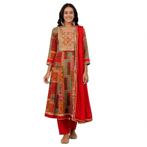 JSR Wo Rayon Frock Pant Dupatta Set with Mirror Work For Women