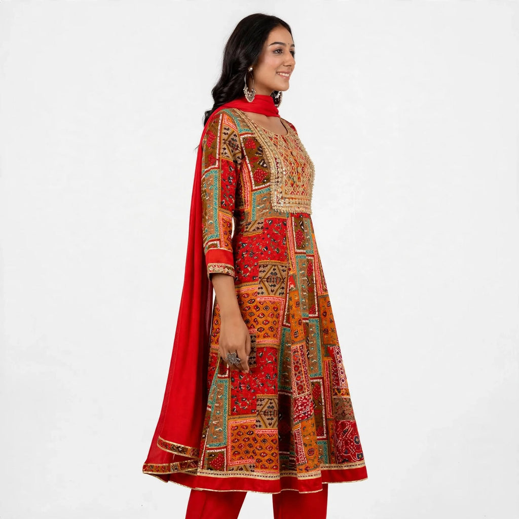 JSR Wo Rayon Frock Pant Dupatta Set with Mirror Work For Women