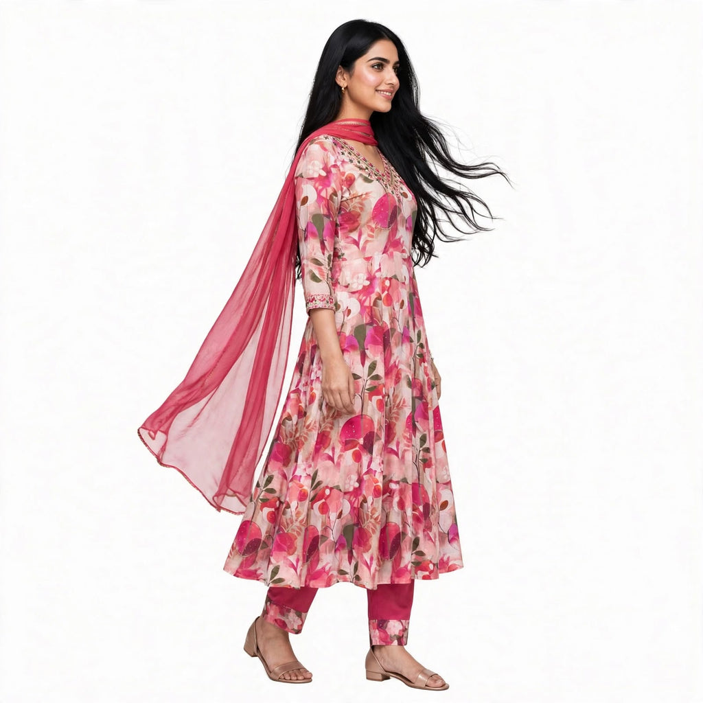 JSR Wo Rayon Floral Print Frock Pant Set with Embroidered Neck & Chiffon Dupatta For Women