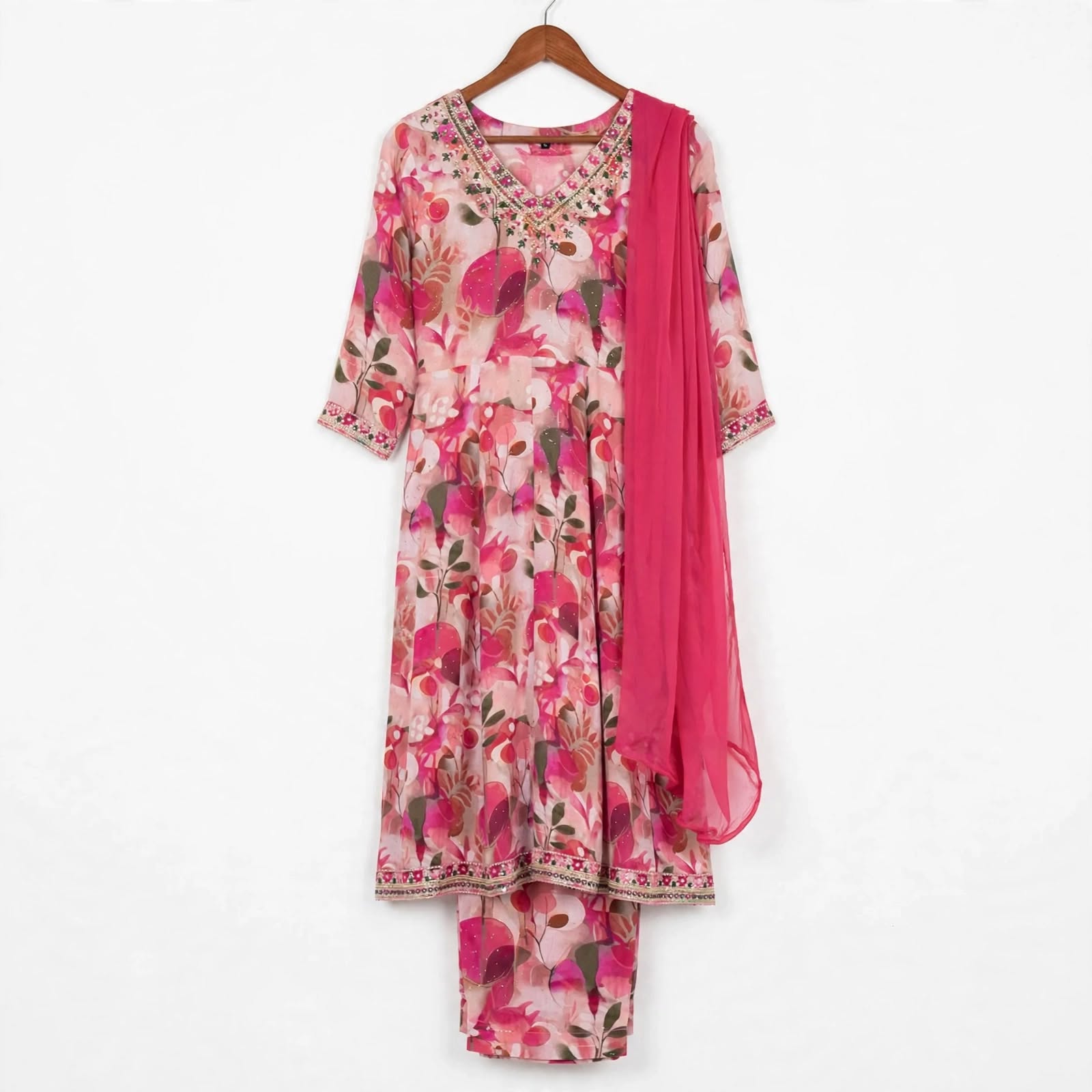 JSR Wo Rayon Floral Print Frock Pant Set with Embroidered Neck & Chiffon Dupatta For Women