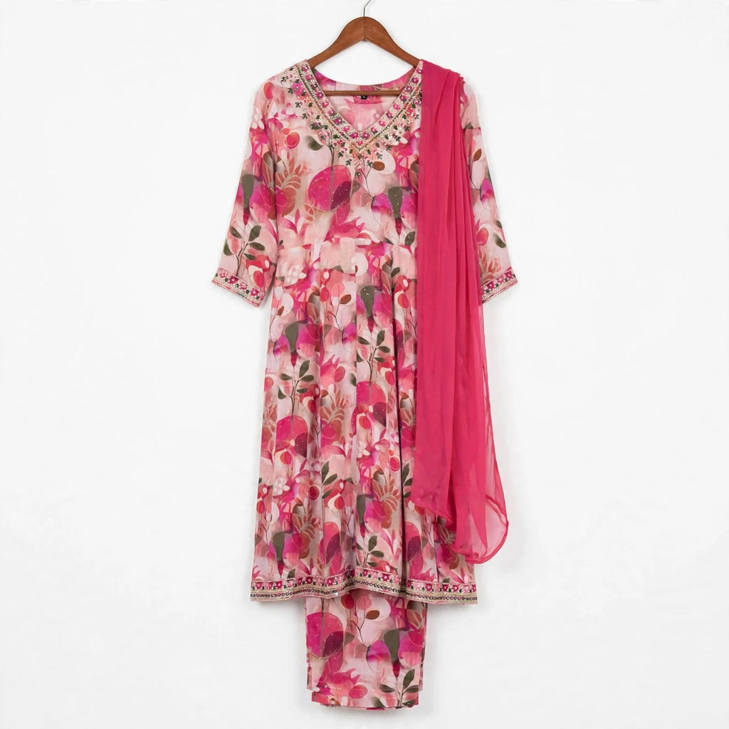 JSR Wo Rayon Floral Print Frock Pant Set with Embroidered Neck & Chiffon Dupatta For Women